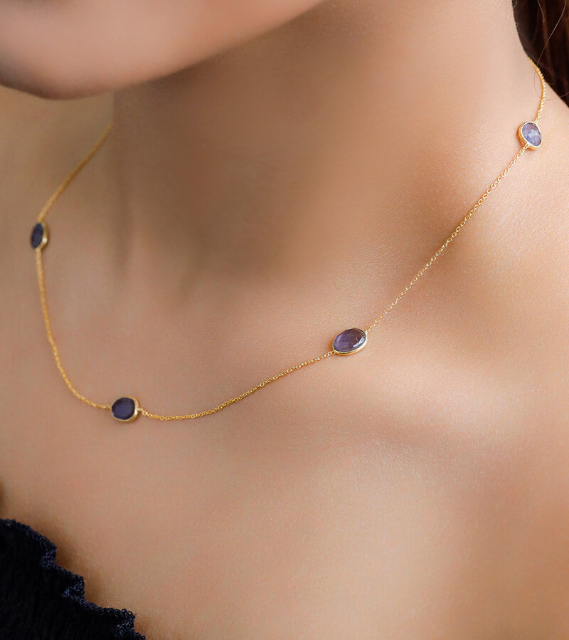 SILVER GOLD PLATED IOLITE ROSE CUT NECKLACE 92.5 SILVER