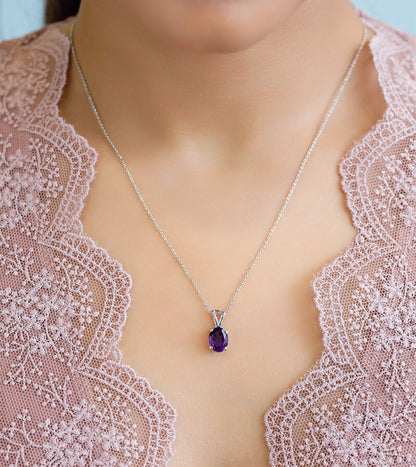 AMETHYST OVAL PENDANT WITH LINK CHAIN 92.5 SILVER