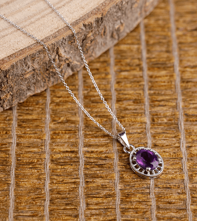 CUTSTONE AMETHYST PENDANT WITH LINK CHAIN 92.5 SILVER