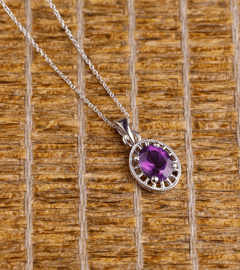 CUTSTONE AMETHYST PENDANT WITH LINK CHAIN 92.5 SILVER